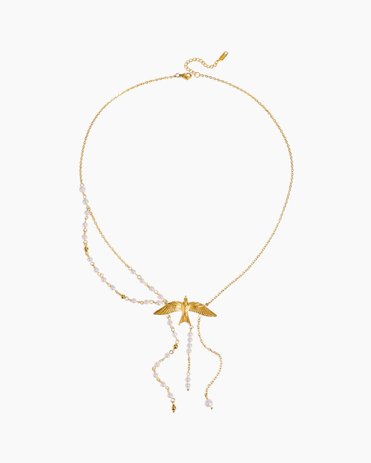 Golden Bird & Pearl Y Necklace