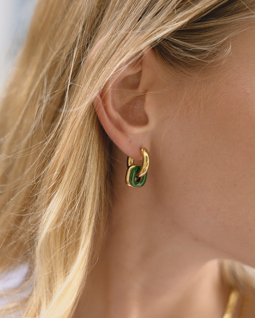 Bold Link Enamel Hoop Earrings – Green