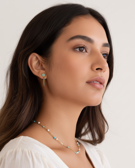 Turquoise Beaded Chain Stud Earrings