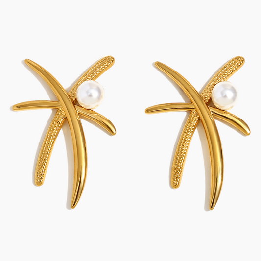 Golden Palm Tree Pearl Earrings