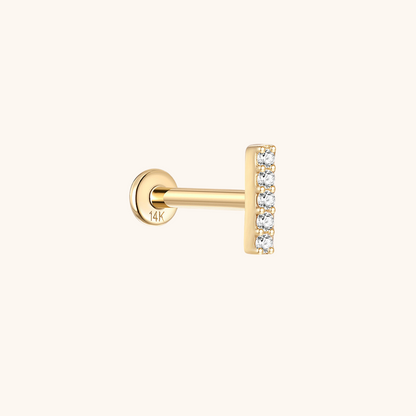 (Single) 14K Solid Gold Linear Stud Earring with Zirconia