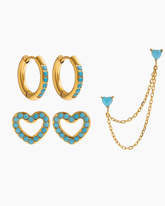 Blue Heart & Hoop Earrings Set