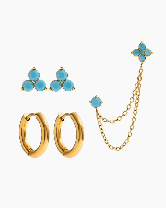 Blue Gem Geometry Chain Earrings Set