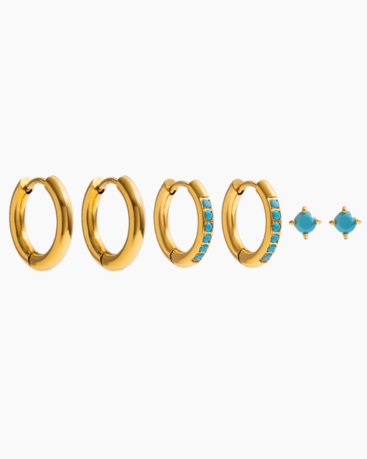Blue Accent Gold Hoop Earrings Set