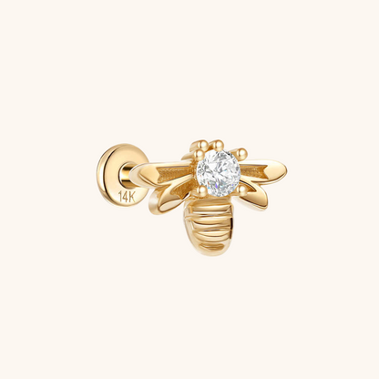 (Unique) Boucle d'oreille à tige en or massif 14 carats en forme d'abeille avec zircone