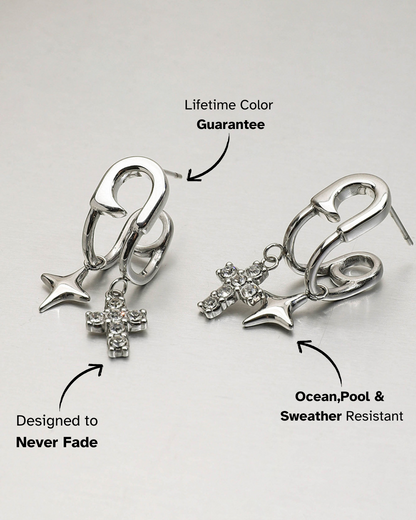 Asymmetric Star & Cross Safety Pin Earrings