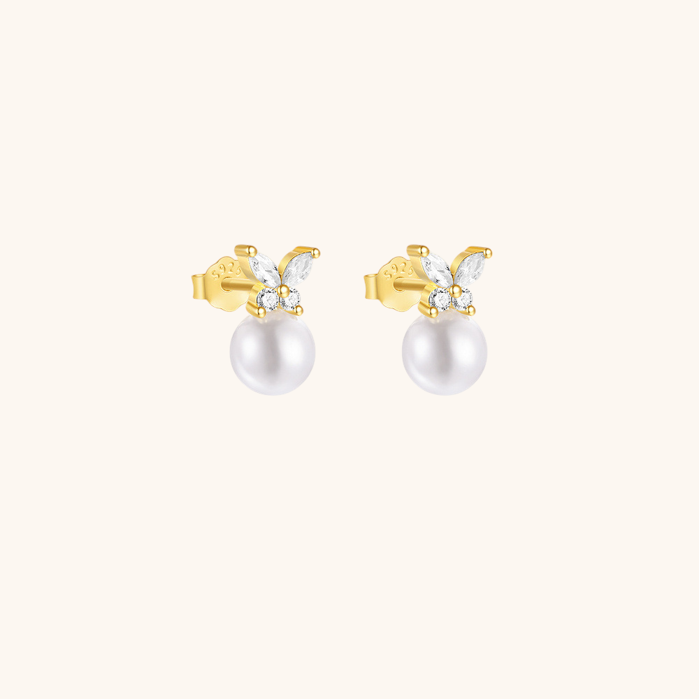Pearl Butterfly Stud Earrings with Zirconia