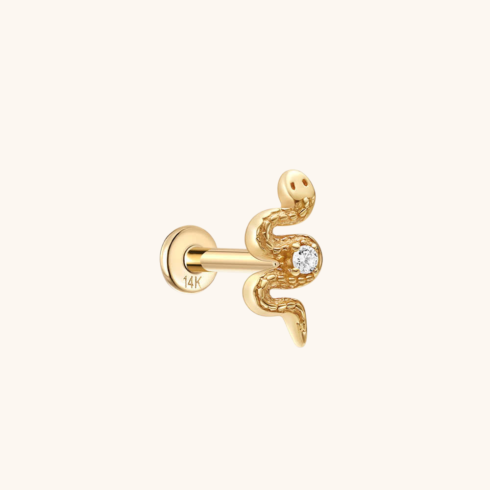 (Single) 14K Solid Gold Snake Stud Earring with Zirconia