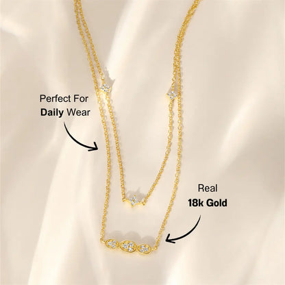 Double-Layer Clover and Oval Zirconia Necklace