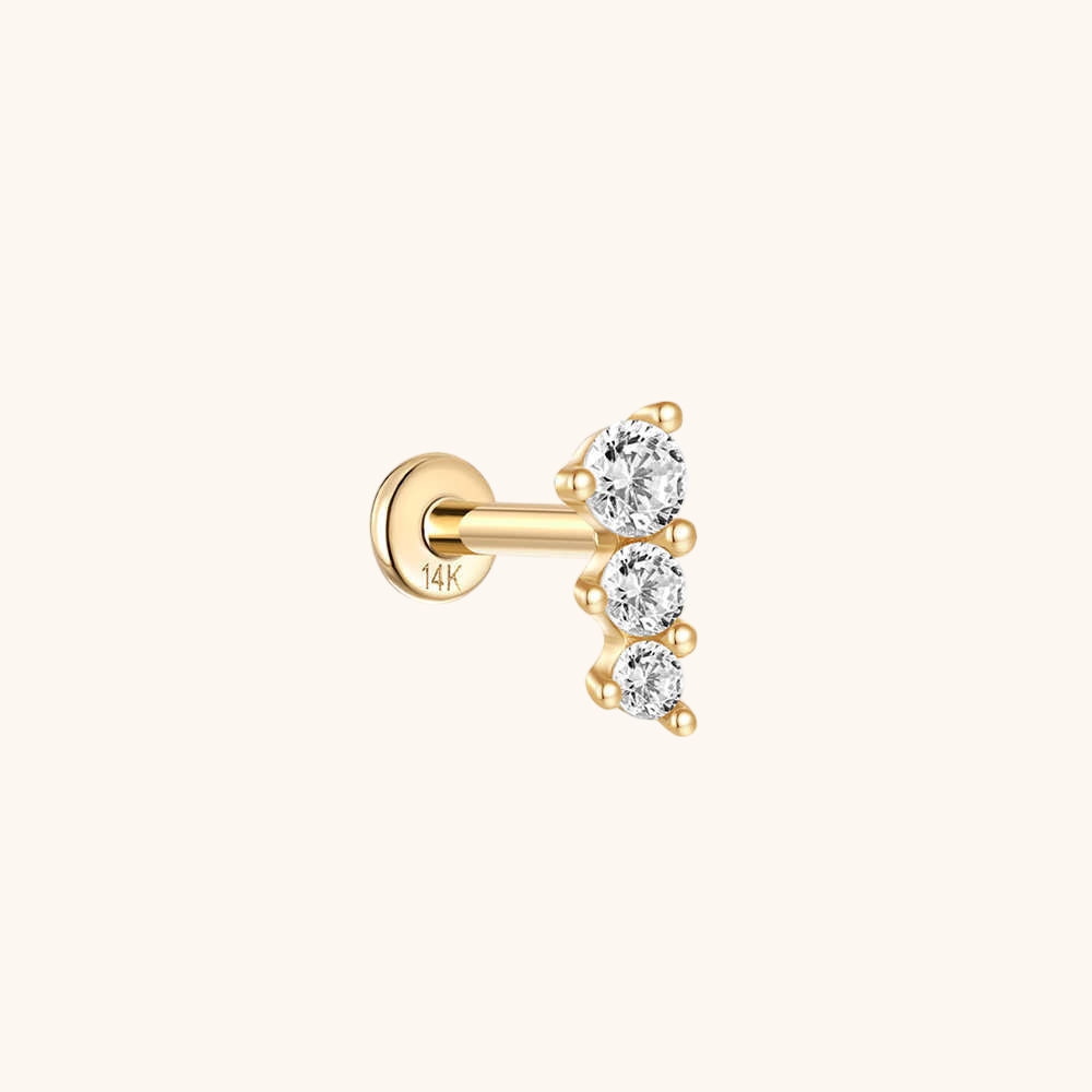 (Single) 14K Solid Gold Triple Round Zirconia Stud Earring