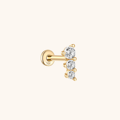 (Single) 14K Solid Gold Triple Round Zirconia Stud Earring