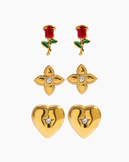 Blooming Heart Trio Stud Earrings