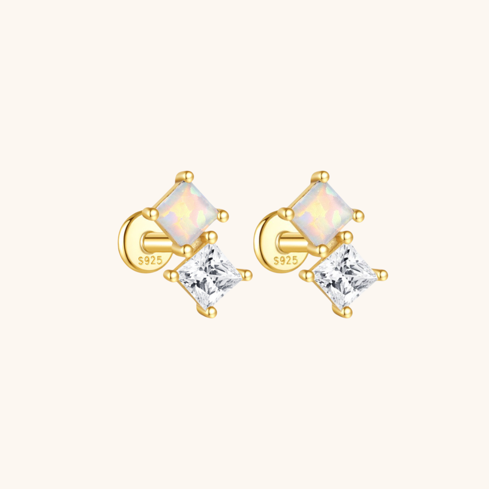Opal & Zirconia Double Square Labret Stud Earrings