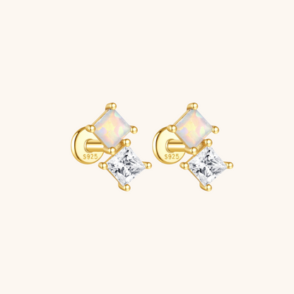 Opal & Zirconia Double Square Labret Stud Earrings