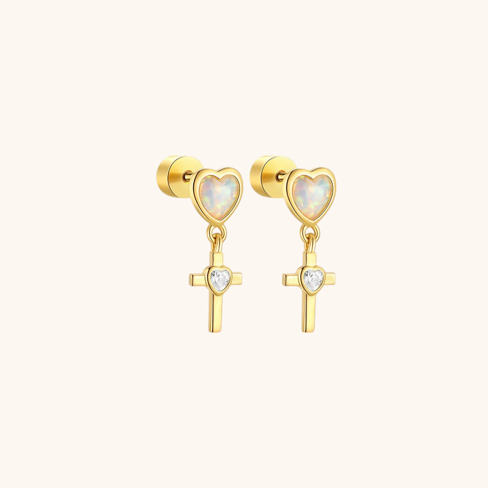 Boucle d'oreille percée en argent sterling 925 avec opale en forme de cœur et de croix