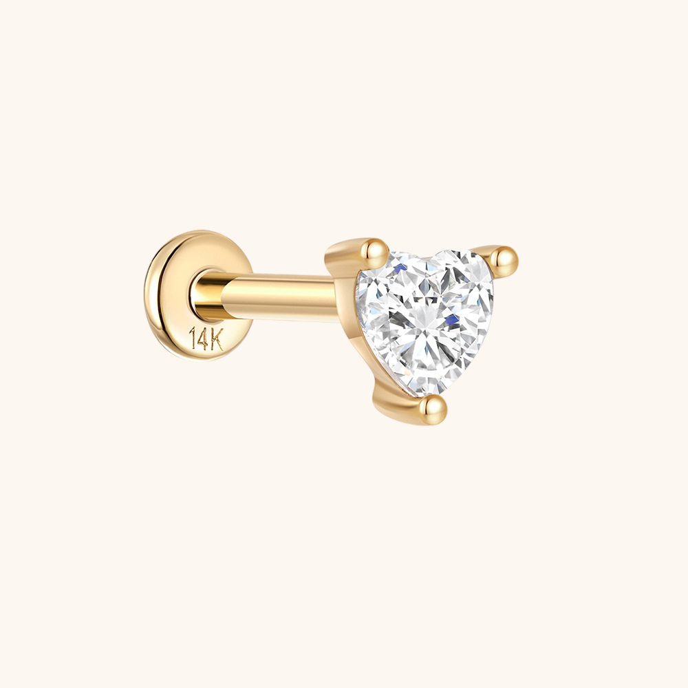 (Unique) Boucle d'oreille à tige en or massif 14 carats avec zircone en forme de cœur