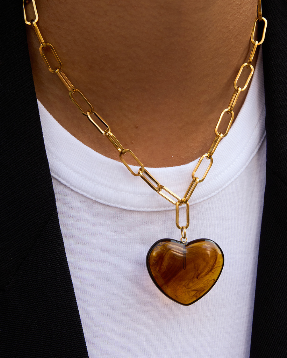 Chunky Brown Heart Pendant Chain Necklace
