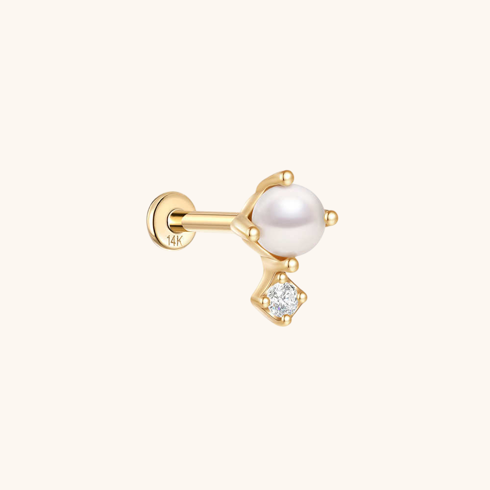(Unique) Boucle d'oreille à tige en or massif 14 carats avec perle et zircone