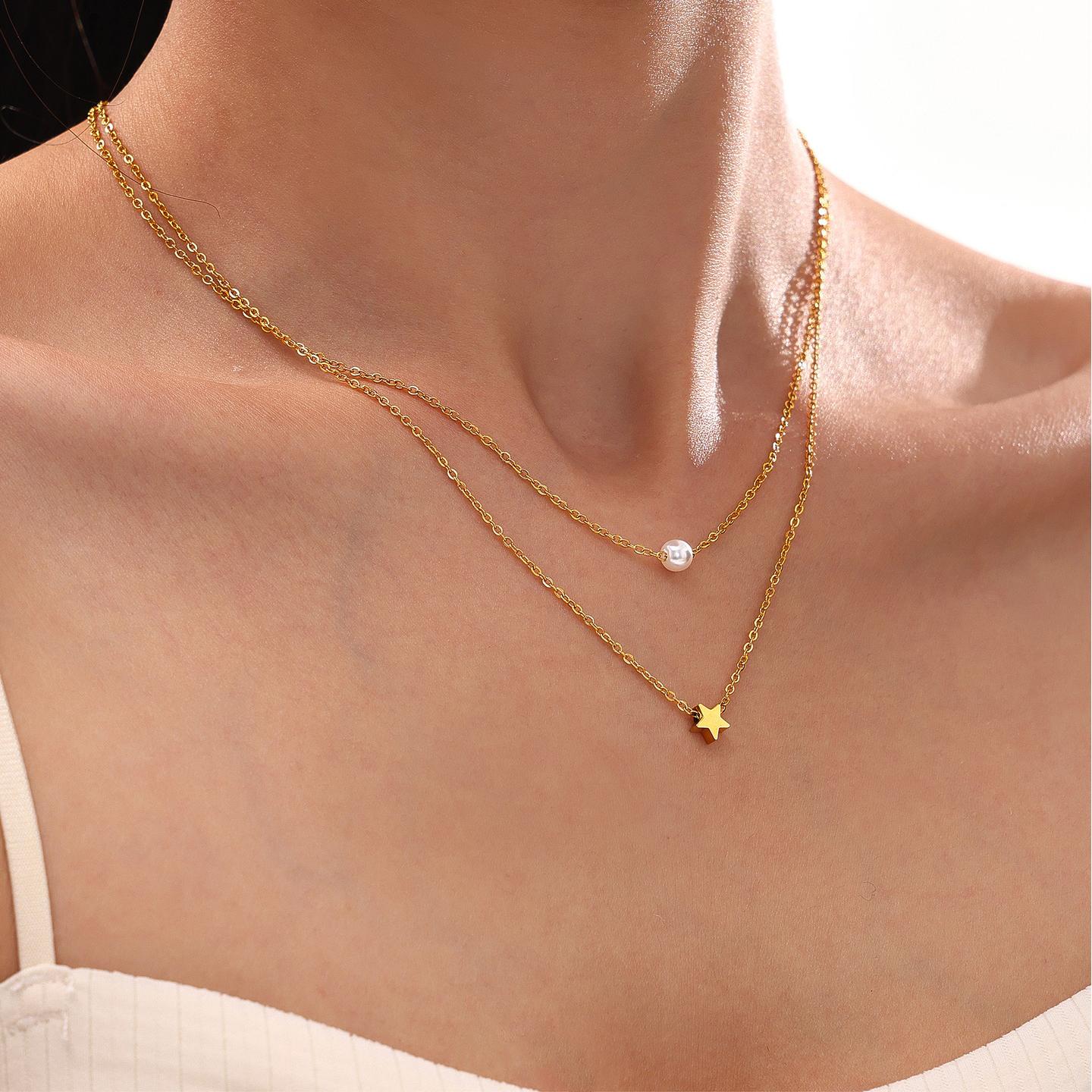 Double Layer Pearl and Star Necklace