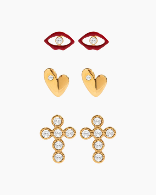 Triple Charm Stud Earring Set