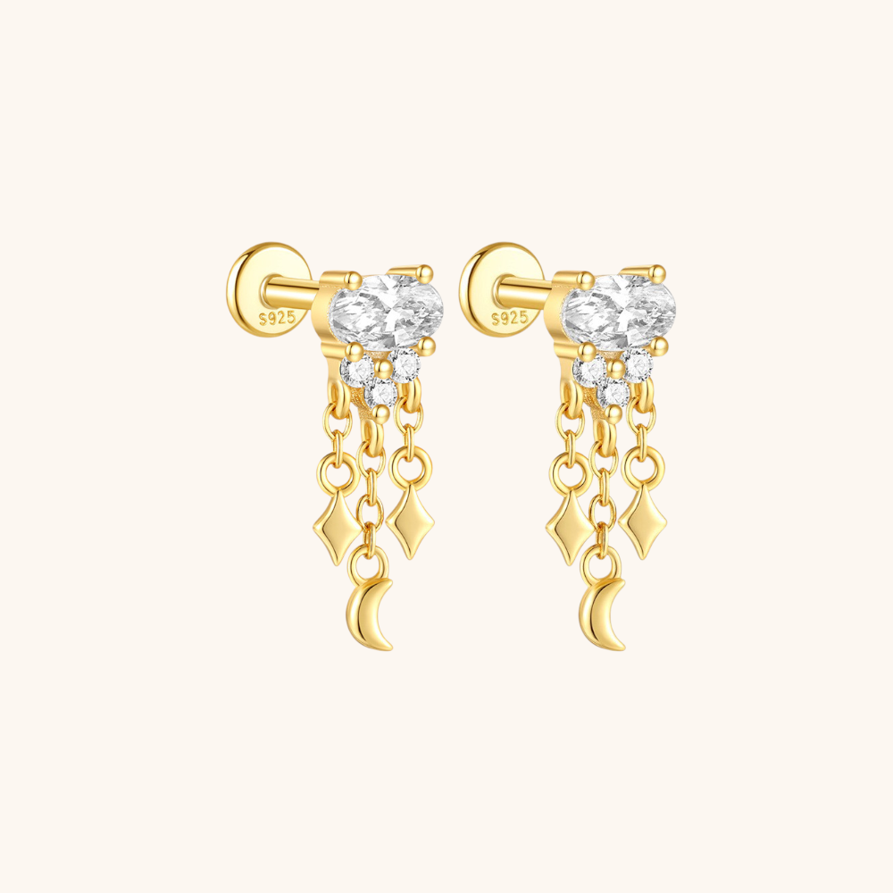 Moon and Diamond Drop Stud Earrings