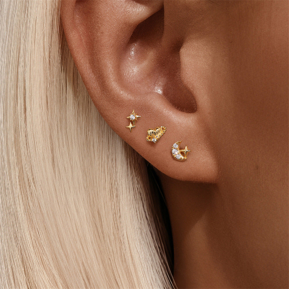 Delicate Heart Star Moon Compact Earrings Set