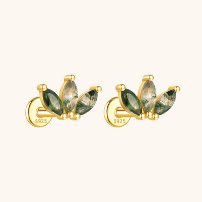 Triple Moss Agate Leaf-Shaped Stud Earrings