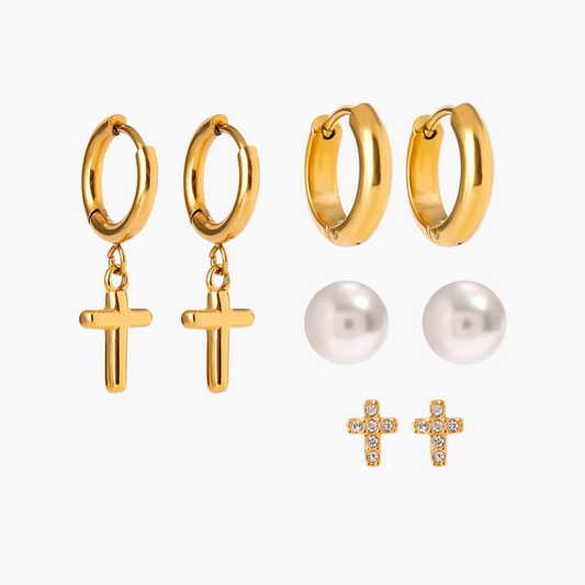 Lustre of Faith – Pearl & Cross 4-Pair Earring Set