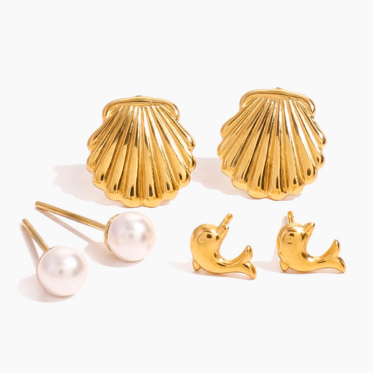Ocean Melody – Shell, Pearl & Dolphin Trio Earring Set