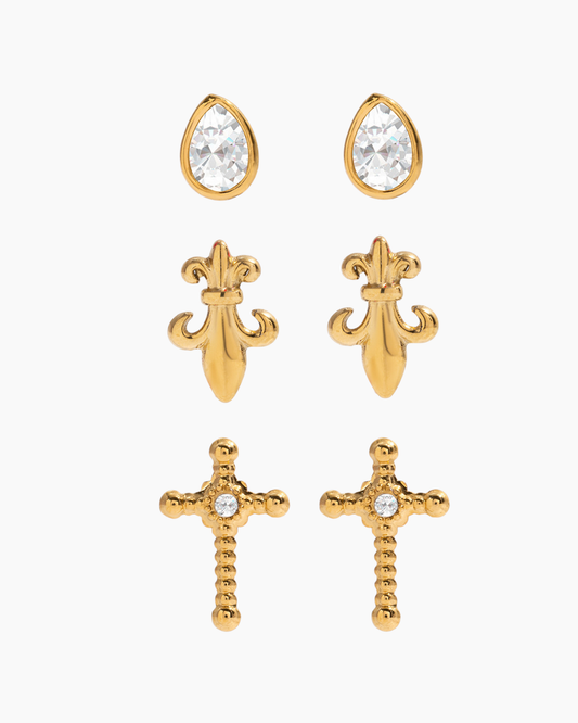 Crystal & Fleur de Lis Earrings Set