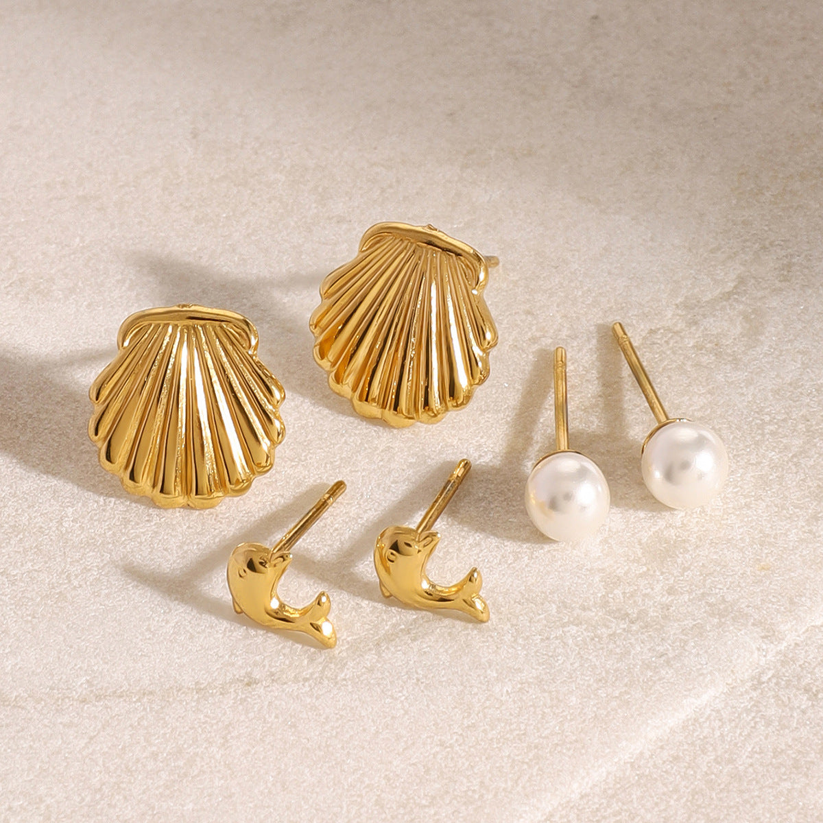Ocean Melody – Shell, Pearl & Dolphin Trio Earring Set