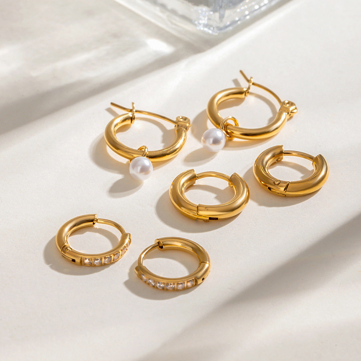 Dawn Whisper – Pearl Hoop Trio Earring Set