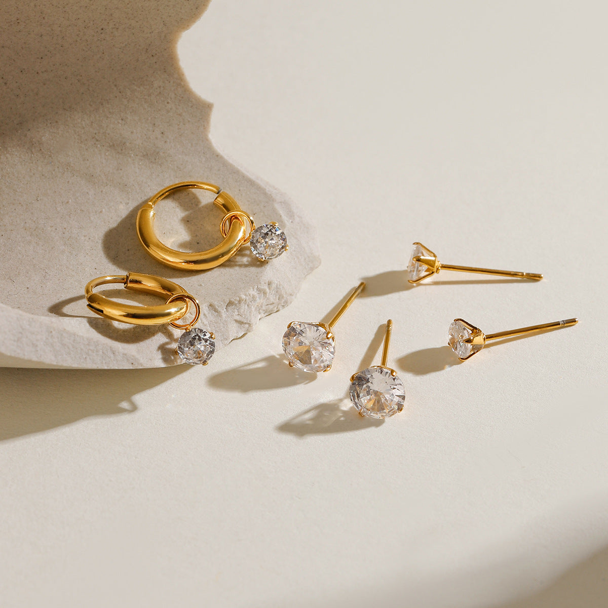 Lustre Whisper – Gold & Zircon Trio Earring Set