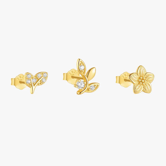 925 sterling silver three-piece earring set with CZ stones, featuring floral and leaf designs in gold-plated finish.