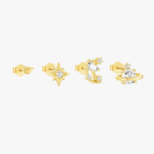 925 sterling silver celestial star and planet zirconia earring set with sparkling details on a white background.