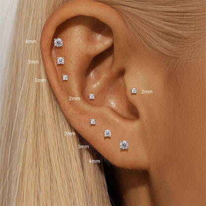 Close-up view of 925 sterling silver 2mm moissanite square stud earrings. Sleek and elegant design with a premium moissanite stone for a stunning appearance.