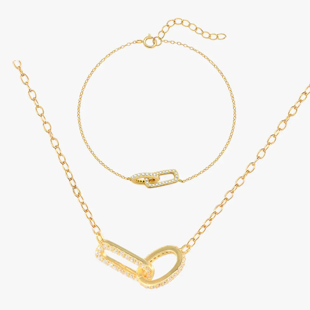 925 sterling silver matching necklace and bracelet set, featuring zircon-studded links for a modern and chic look.