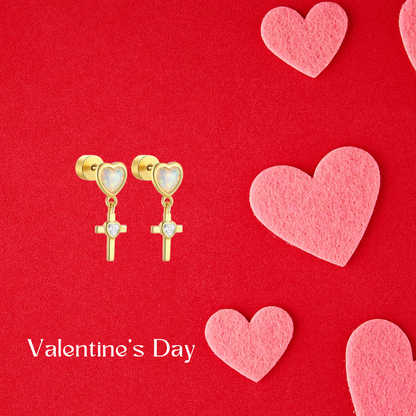  Add a touch of elegance with these heart cross earrings made of 925 sterling silver, opal, and zirconia. A timeless design with a gold-plated finish.