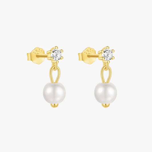 Elegant 925 sterling silver pearl drop earrings with zirconia accents, showcasing a classic design and shimmering details.