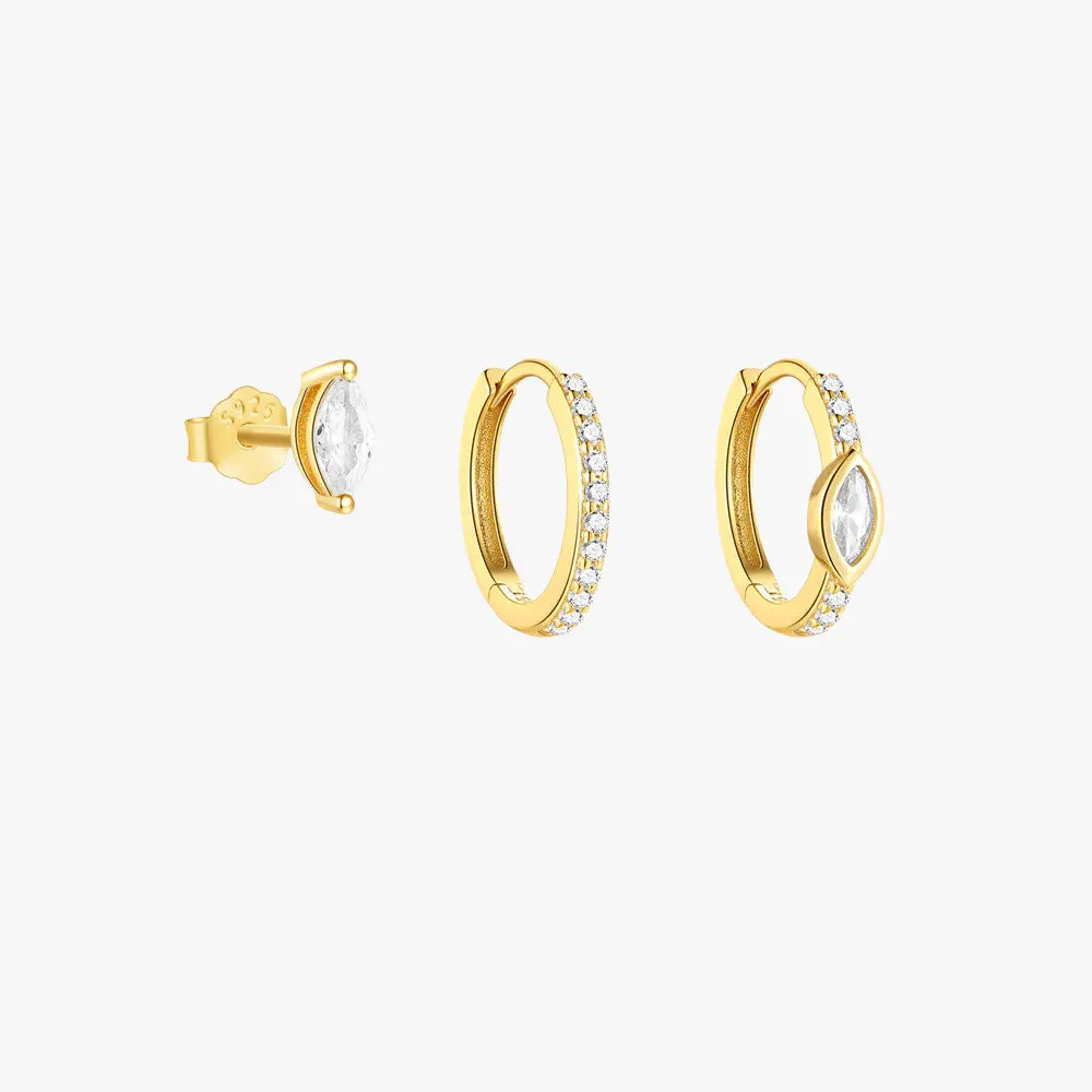 925 sterling silver zirconia 3-piece earring set featuring a marquise stud and gold hoops with zirconia stones.