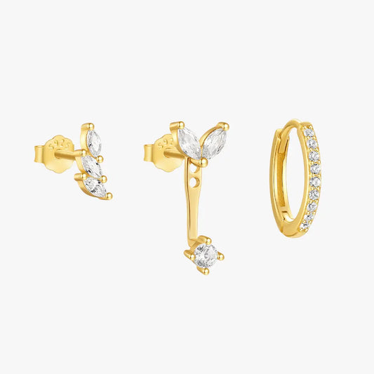 Three-piece earring set featuring zirconia-studded leaf design and matching hoop on white background.