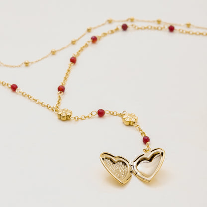 Double strand necklace with gold and red beaded accents