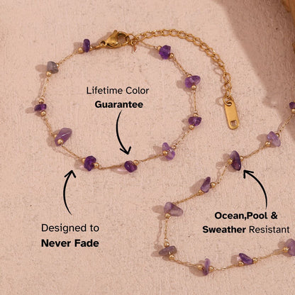 Delicate gold bracelet with scattered purple amethyst chips, waterproof and fade-proof