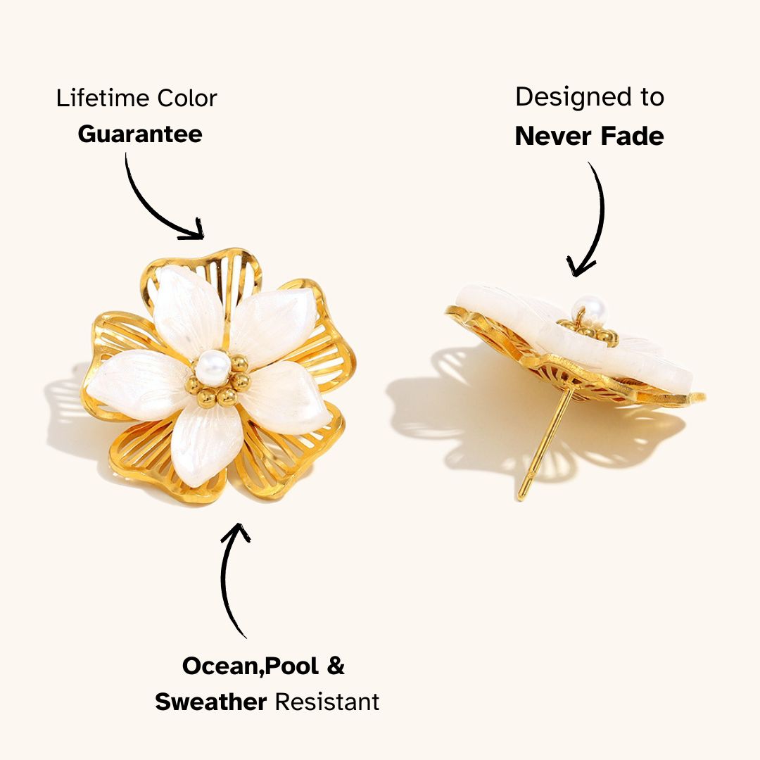 Floral petal stud earrings with pearl center, perfect for elegant summer weddings and garden parties in Europe.