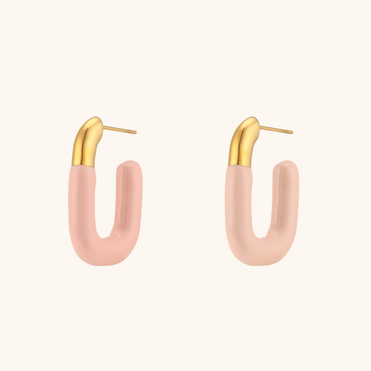 Soft pink enamel U earrings with gold cap studs, product display image