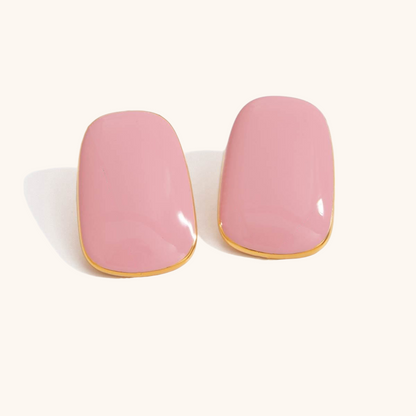 blush pink enamel rectangle earrings with shiny coating