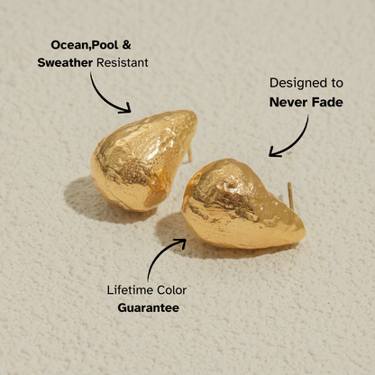 Textured organic gold stud earrings with lifetime shine guarantee