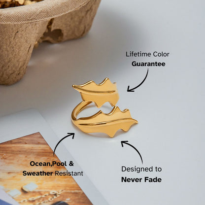 Waterproof gold wrap ring with botanical leaf details