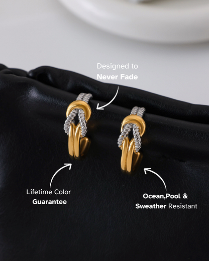 Gold earrings on a black surface with text highlighting features.