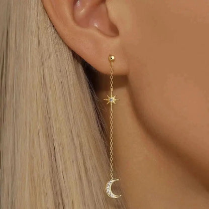 Crescent Moon and Star Chain Tassel Earrings